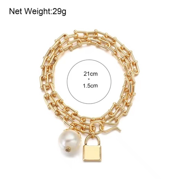 Graduated Link Elegant Gold Chain Lock Pearl Charm - Picture 6 of 11